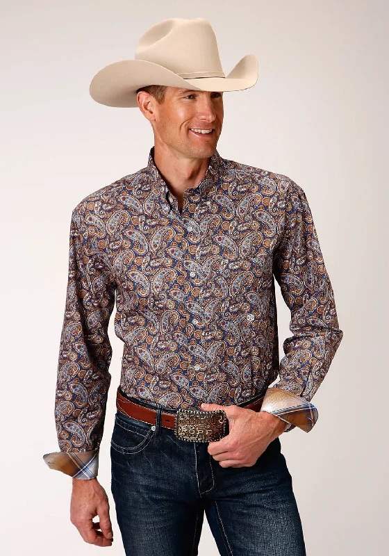 Roper Mens Blue 100% Cotton Country Paisley BD L/S 1 Pkt Shirt