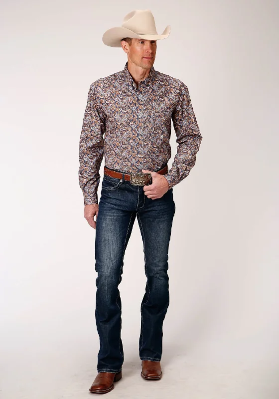 Roper Mens Blue 100% Cotton Country Paisley BD L/S 1 Pkt Shirt