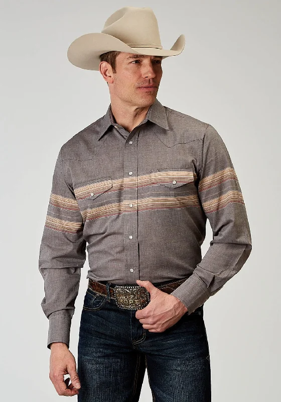 Roper Mens Border Stripe Grey Cotton Blend 55/45 L/S Shirt