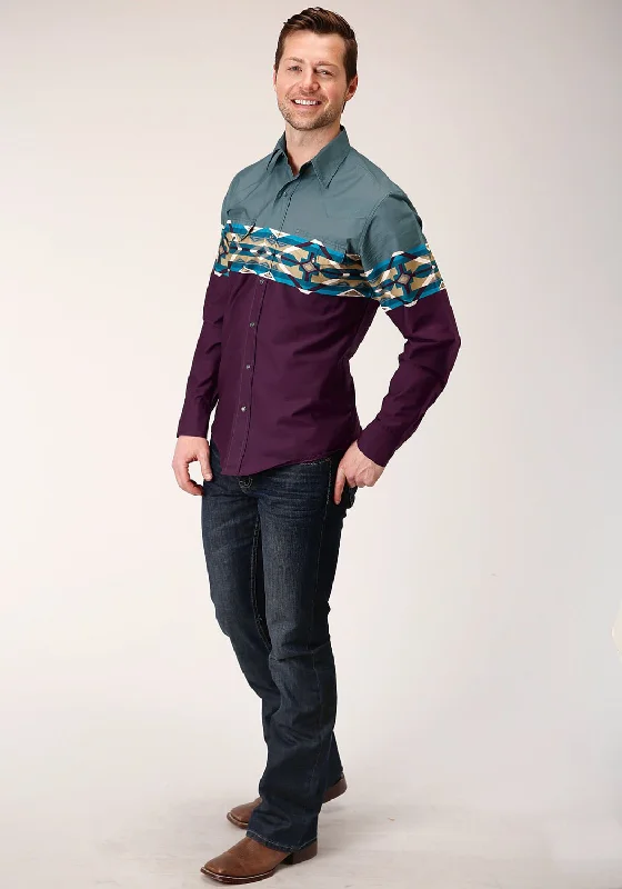 Roper Mens Wine 100% Cotton Tile Aztec L/S Snap Shirt