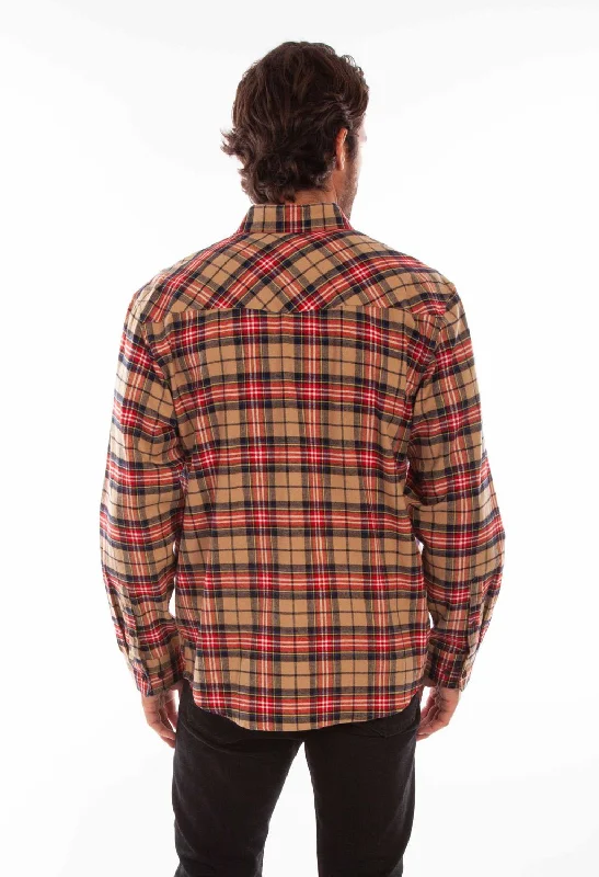 Scully Mens Tan/Red 100% Cotton Plaid L/S Shirt