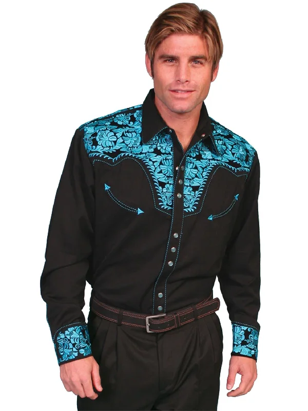 Scully Mens Turquoise Poly/Rayon Tooled Floral L/S Shirt