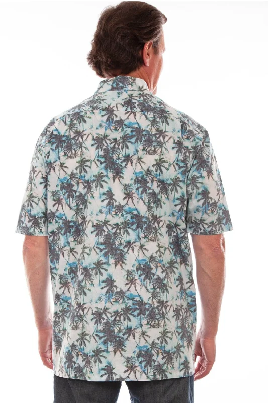 Scully Mens White/Turquoise 100% Cotton Palm Trees S/S Shirt