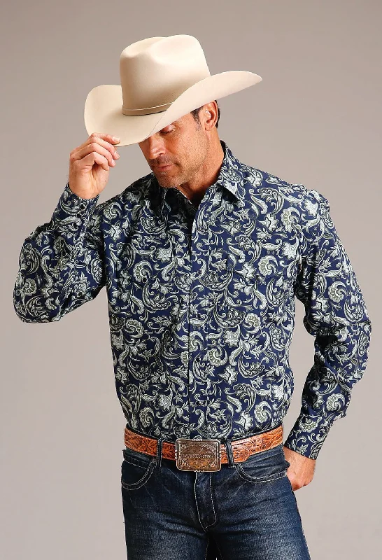 Stetson Mens Detailed Pailey Blue 100% Cotton L/S Shirt