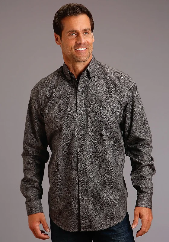 Stetson Mens Grey 100% Cotton Stitch Aztec BD L/S 1 Pocket Shirt