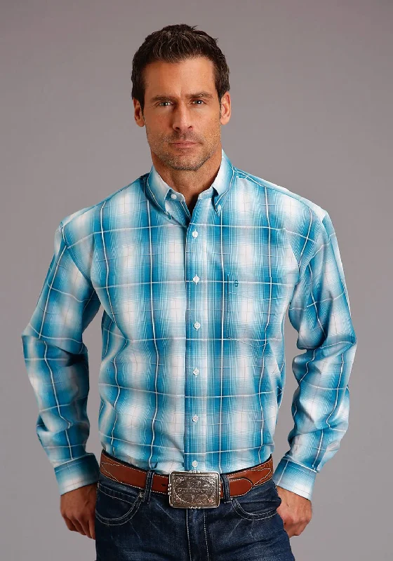 Stetson Mens Turquoise 100% Cotton Ombre BD L/S 1 Pkt Shirt