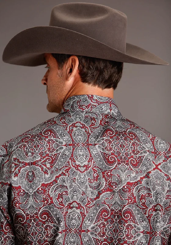 Stetson Mens Wine 100% Cotton Medallion Paisley L/S 2 Pocket Shirt